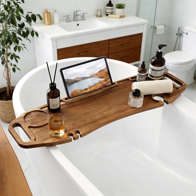 Bathtub Tray with Accessories Holder and Storage, Non-Slip Bath Tray for Tub and Bathroom Relax or Spa, 35 Inches Acacia Wooden Tray, Perfect Bath Companion Gift for Girl Friend Mother and Family.