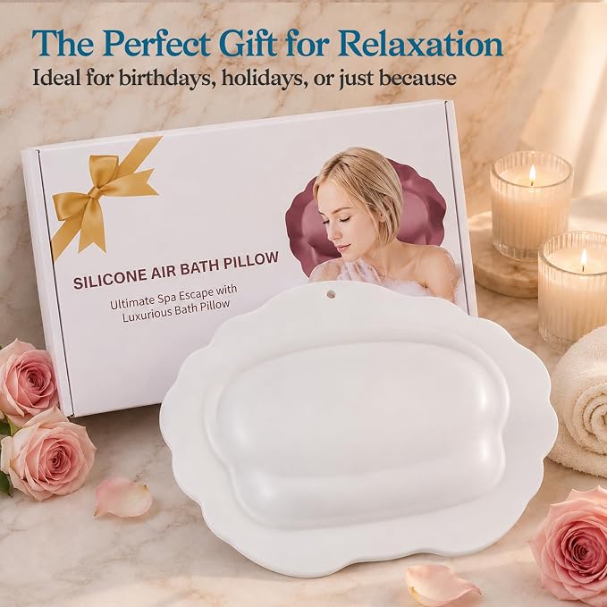 Bath Pillow for Tub, Inflatable Silicone Bathtub Pillow for Head & Neck Support, Adjustable 0-2.3" Height, 7 Strong Suction Cups, Waterproof, Quick-Drying, Luxury Spa Gifts for Women Men (White)