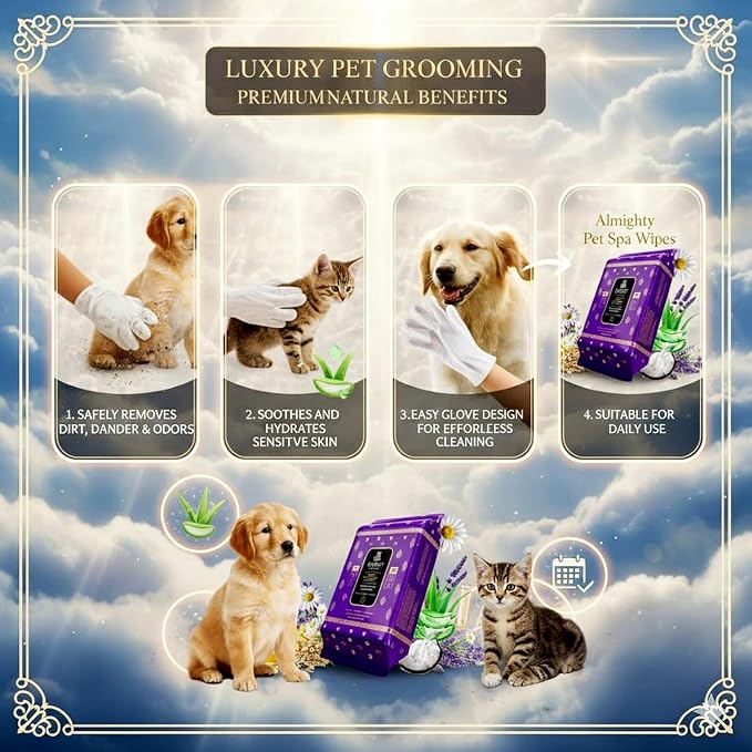 Premium Pet Grooming Glove Wipes for Dogs & Cats, 3X Thick No-Rinse Bathing Gloves, Hypoallergenic Deodorizing Paw & Body Cleaner, Natural Extracts to Hydrate & Nourish, 20 Count, Coconut Scent