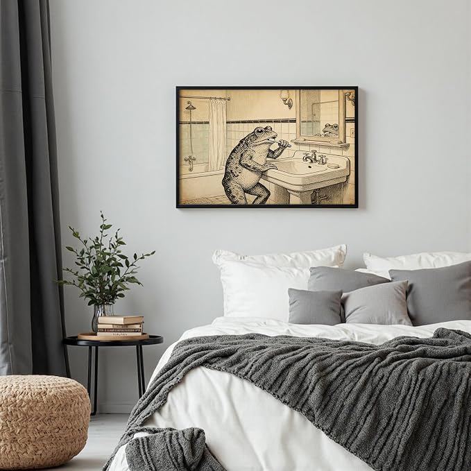 Vintage Frog Brushing Teeth Bathroom Wall Art Whimsical Toad Restroom Poster Antique Illustration Print Aesthetic Wall Decor for Powder Room Apartment Family Bathroom 16X24 in Black Framed