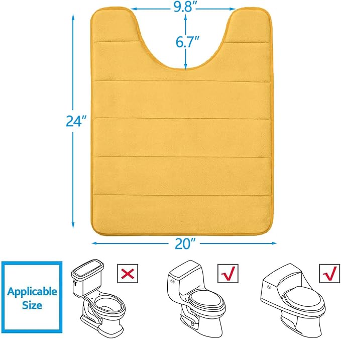 Buganda Memory Foam U-Shaped Contour Toilet Rugs, Absorbent, Thick Soft Washable Bathroom Mat, Floor Carpet Bath Rugs Mat for Toilet Base (24" x 20", Yellow)