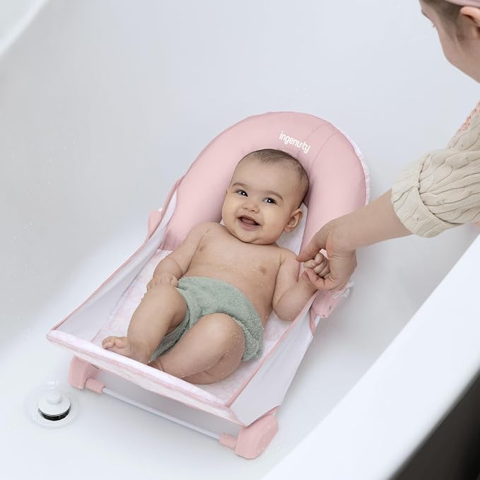 Ingenuity Foldaway 2-Position Bather,2-Position Adjustable Support Baby Bath seat for Sink or Bathtub,Ages 0-6 Months,up to 20 pounds,Pink,(Pack of 3)