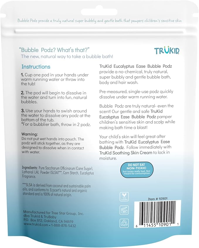 TruKid Bubble Podz Bubble Bath for Kids, Toddlers, & Babies, Tear Free Gentle & Refreshing Bath Bomb for Sensitive Skin with Natural Moisturizers, Non-Toxic, pH Balanced, Eucalyptus Scent (24 Podz)