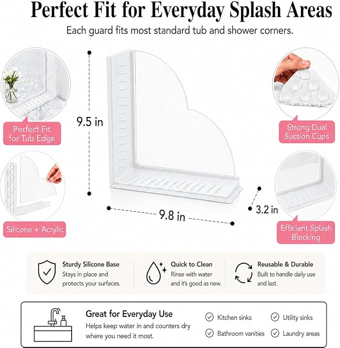 No-Adhesive 2-Pack Acrylic Silicone Bathtub Splash Guard,Tall & Flexible Shower Water Blocker with Strong Suction Cups,Reusable, Keeps Water in, Ideal for Family,Rentals&Pet Bathrooms (pearl white)