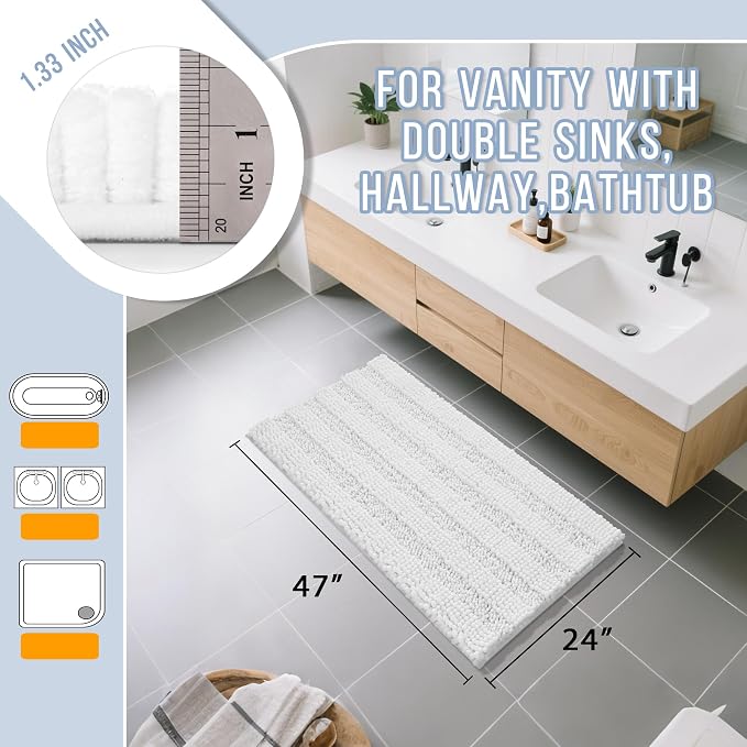 Yimobra Bathroom Rug Mat 47 x 24, Non Slip and Super Absorbent Bath Mat,Machine Washable Quick Dry,Ultra Plush Chenille Shower Rugs for Bathroom Floor Sink Tub and Shower Outside,White