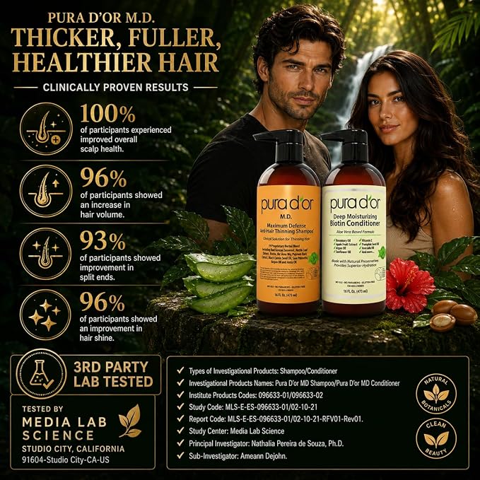 PURA D'OR MD Anti-Thinning Biotin Shampoo & Hair Regrowth Conditioner Set, Maximum Defense Herbal Blend Hair Thickening Products For Women & Men, For Scalp Health, Strong Coal-Tar Scented, 16oz x2