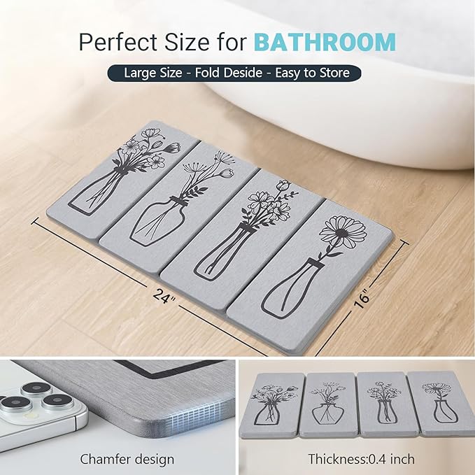 Foldable Stone Bath Mat - 24x16 Inch, Super Absorbent Diatomaceous Earth Large Gray and Black Floral Modern Stone Bath Mats for Bathroom Decor Quick Dry Non-Slip Shower & Bathtub & Drying Mat