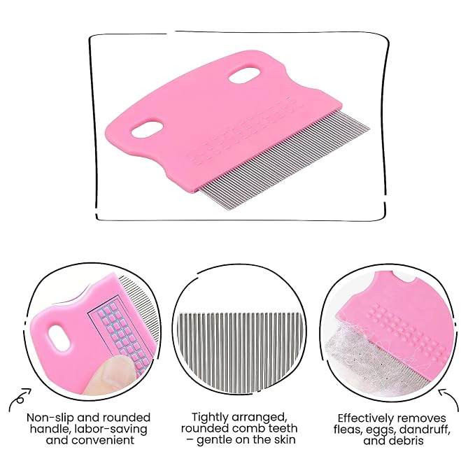 MEDUWEDU 5 Pack Flea & Lice Comb Set for Cats, Dogs & Kids – Stainless Steel Fine Tooth Nit Comb Kit with Double-Sided Tear Stain Remover, Grooming Brush & Peine para Piojos for Thick Hair (Pink)