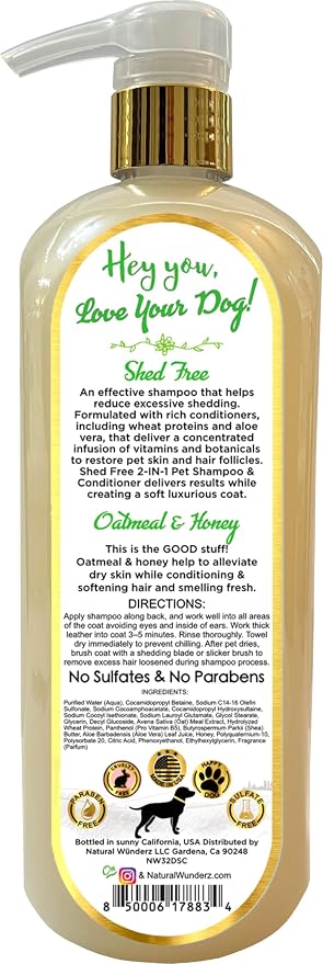 Pet Shampoo & Conditioner, Shed Free 2-in-1, Oatmeal and Honey, Organic, Hypoallergenic, Vegan, Natural Extract, for Healthy Skin & Coat, 32 Fl Oz, for Dry Itchy Skin, All Breeds, by Natural Wunderz