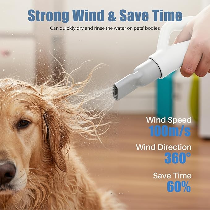 DUMOS Dog Blow Dryer Grooming Vacuum Kit, Cat Dog Hair Dryer with Adjustable Wind Speed & Heater Temperature, Cool-Warm-Hot Cycle Mode, 4 Nozzles, 6.5FT Cord for Low Noise Pet Hair Remover - White