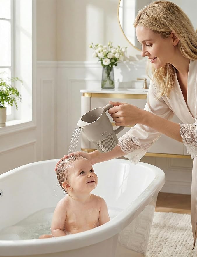 Roslim Silicone Baby Bath Rinse Cup, Shampoo & Body Rinser with Easy-Grip Handle for Rinsing Hair and Body Washing, Lightweight, Non-Toxic for Babies, Toddlers, Kids (Taupe)