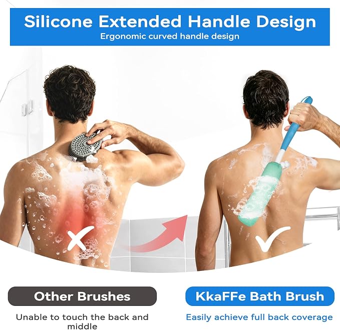 Shower Back Brush with Long Handle, 15.35" Body Brush, Long Back Scrubber for Men Women, Long Handled Sponge Body Exfoliator, Loofah Back Scrubber for Aid Bathing（Black）
