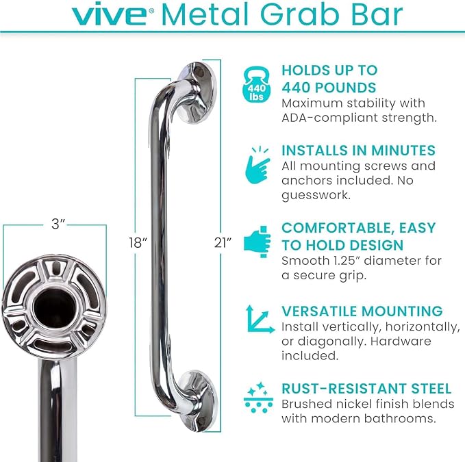 Vive Grab Bar for Showers - Bathroom Antislip Handrail for Seniors, Elderly Assistance Product, Heavy Duty Shower Handles, Handicap Grab Bars, Stainless Steel, Multipurpose, 440 lbs (Polished)