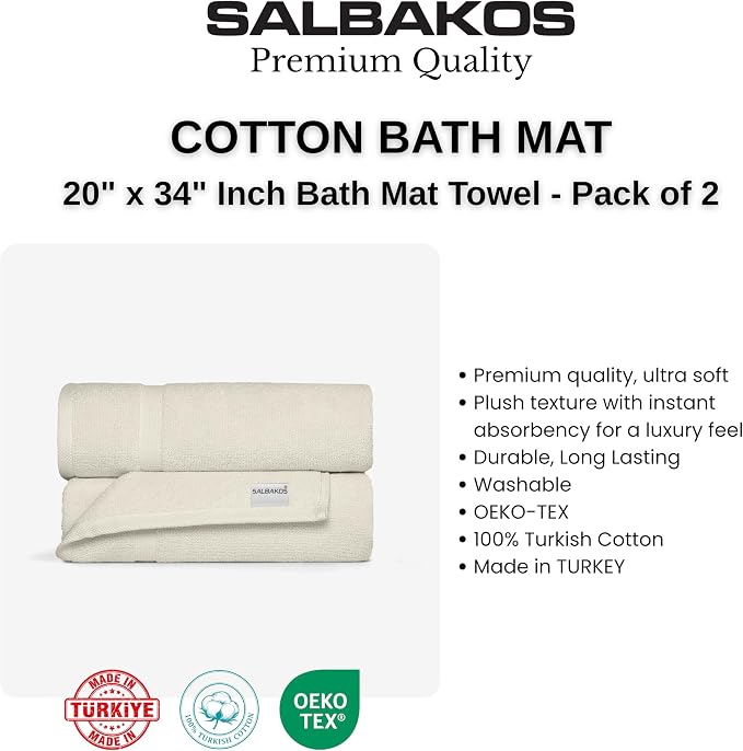 SALBAKOS 100% Turkish Cotton Bath Mat Towel Set of 2 Piece Ivory | 20x34 in Large Bath Mats | Luxury Hotel Quality, Thick, Absorbent, Quick Dry Bathmats | Made in Turkey (Ivory, 2 Bath Mats)