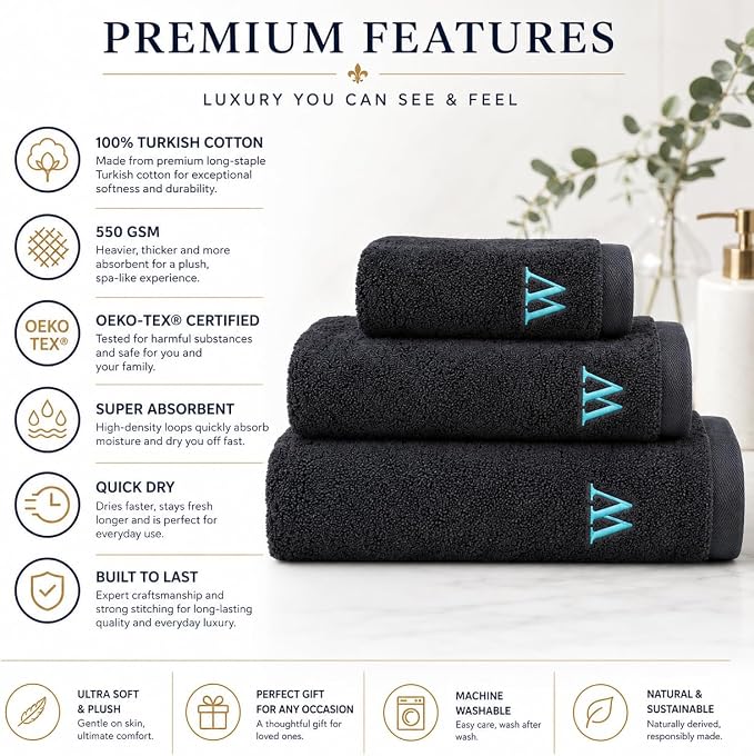 Personalized Towels - Customized Turkish Bath Towel - Cotton Towel Set -Monogrammed Towels with Initials Name Embroidery - Idea (Anthracite, Bath Sheet Oversized 1pc)