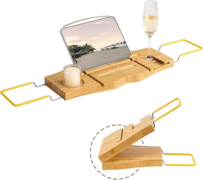Dreamland Bamboo Bathtub Tray Caddy | Light bamboo material, cross tub design, bathroom bath supplies storage