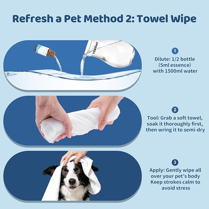 6Pcs Waterless No-Rinse Pet Shampoo Essence for Dogs & Cats, Concentrated Deodorizing Formula Neutralizes Odors & Hydrates Coat with Pomegranate Scent, for Steam Brush,0.34 oz*6