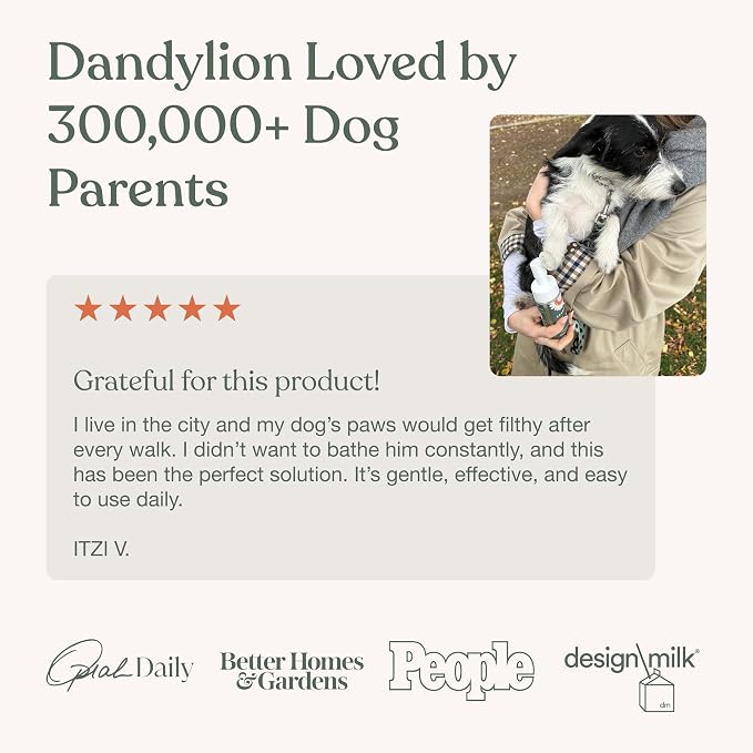 Dandylion Dog Paw Cleaner, Clean Paws, Dog Paw Washer, No Rinse Foam Cleaner for Dogs, Fragrance Free pH Balanced Foaming Washer with Silicone Brush, Pet Cleaning Supplies, 5 fl oz