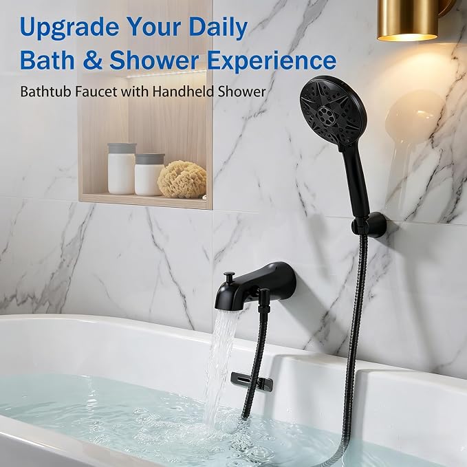 Bathtub Sprayer Attachment for Shower, Bathtub Faucet with Sprayer with 10 Spray Modes Upgrade, No Drill Wall 79" Stainless Hose Shower Attachment for Bathtub Faucet, Matt Black