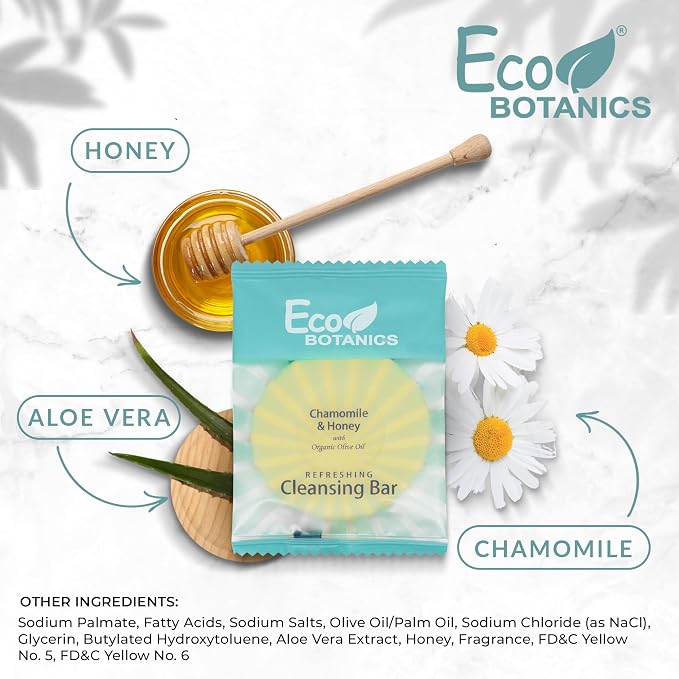 Eco Botanics Travel Size Cleansing Soap Bar 100 Count 0.5 oz Guest Amenities for Hotels Vacation & Short Term Paraben Free Chamomile Scent with Aloe & Olive Oil