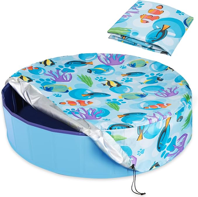 Foldable Round Dog Swimming Pool Cover for 63" Kid&Dog Pool | PVC Coating Waterproof, UV Protection, Leakproof Washable, Collapsible Outdoor Tub