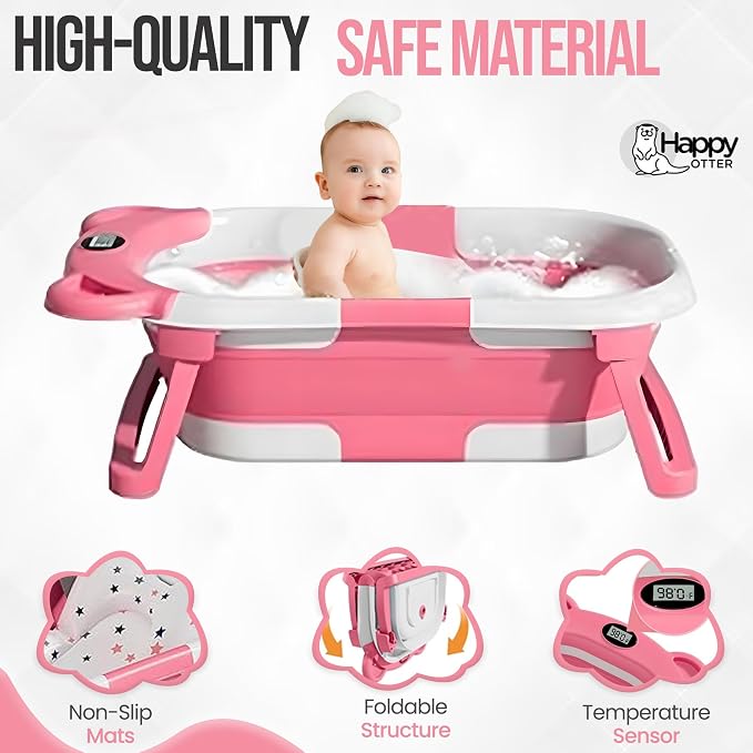 Portable Baby Bathtub with Heat Sensor for Toddlers & Newborns, Padded Baby Bath Tub with Water Release Feature for Travel & Home Baby Bath seat