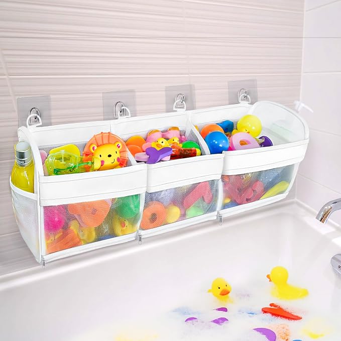 Bath Toy Storage and Organizer – 3-Compartment Hanging Bathtub Toy Holder with Bottom Zipper, Quick-Drying Mesh Bag, Ideal Bath Toy Holder for Easy Access and Sorting of Toys