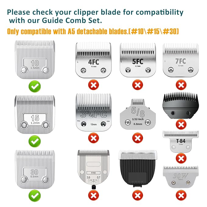 Professional Animal Stainless Steel Comb Set for A5-style Detachable Blade Clippers, Snap-On Size #10/15/30 for Pets, Dogs, Cats, and Horses (Not Compatible with 5-in-1 Blades) | Snap-On Size #10/15/30 for Pets, Dogs, Cats, and Horses (Not Compatible w...