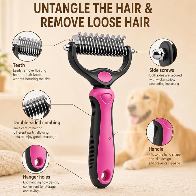 Deshedding Brush for Dogs and Cats,Undercoat Rake Pet Brush for Long Hair,Professional Deshedding Tool, Ideal For Medium Or Long Haired BreedsGrooming Tool for Thick Coats (Pink)