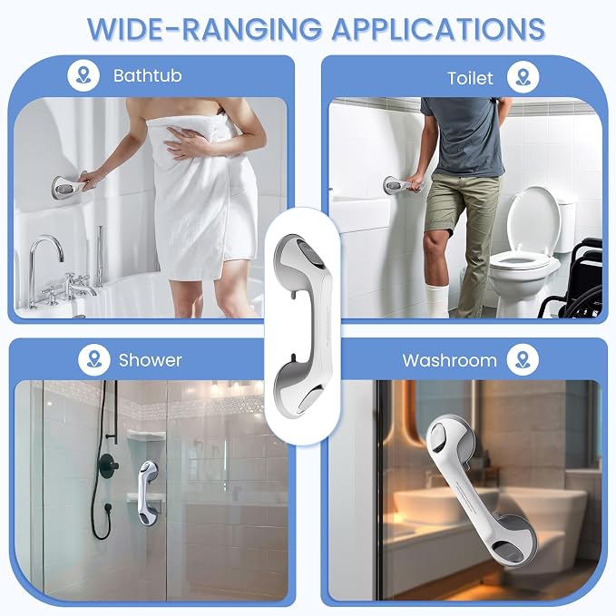 2 Pack 12 Inch Grab Bars for Bathtubs and Showers for Seniors, Heavy Duty Shower Handle for Elderly, Suction Cup Removable Handrails Handicap Bath Grip Bathroom Upgrade Safety Grips (Gray)
