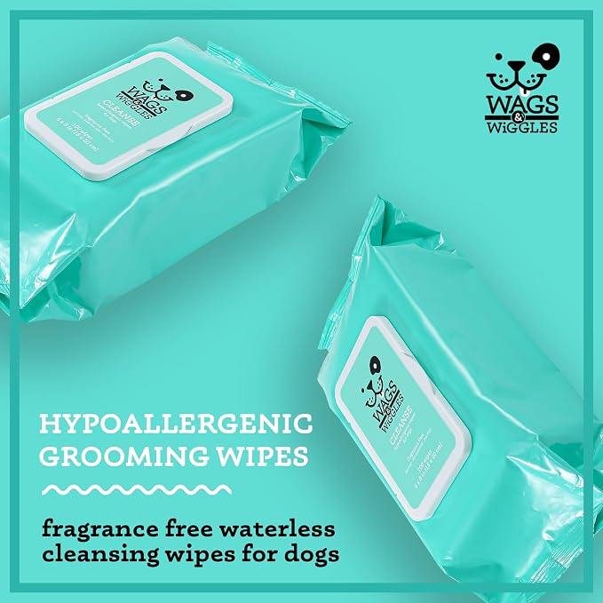 Wags & Wiggles Hypoallergenic Dog Wipes for Sensitive Skin, Fragrance-Free Waterless Cleansing Cloths for Paws, Face, and Dog Body, No SLS, Parabens, or DEA, 100 Count