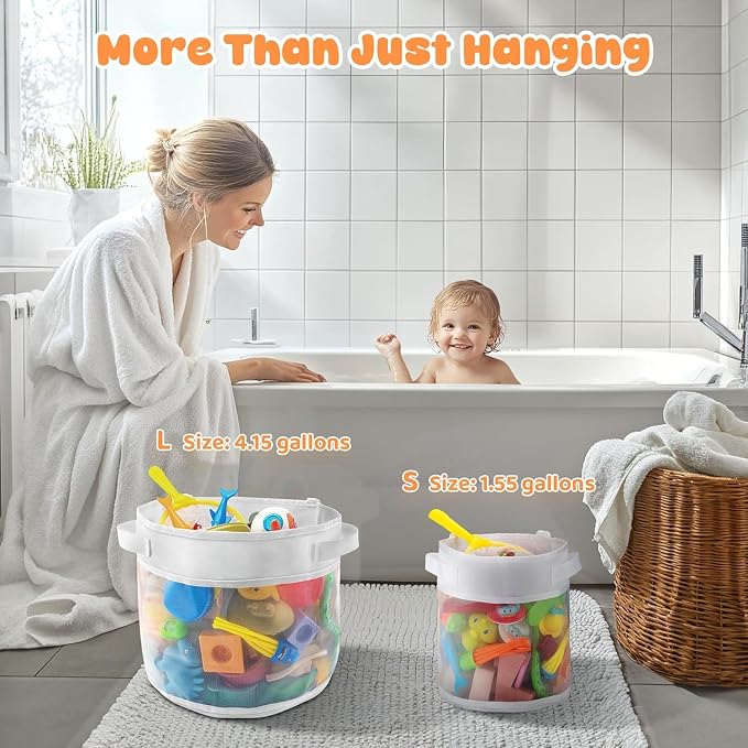 Bath Toy Storage, 4.15 Gallons Bath Toy Holder Wall-Mounted Shower Caddy Bottom Zipper Bathtub Toys Storage Mesh Organizer Bag, Quick Access Baby Shower Games Toys Organizer Accessory White (L)