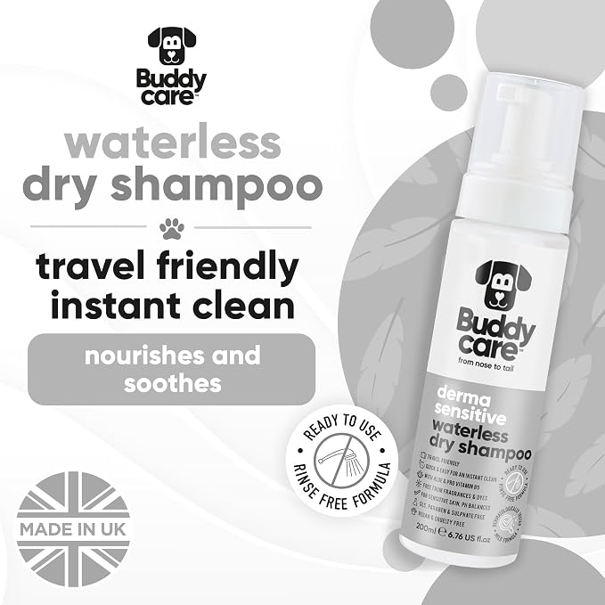 Buddycare Derma Sensitive Waterless Dry Dog Shampoo – No Rinse, Fragrance Free Formula for Sensitive Skin – with Aloe & Pro Vitamin B5 – pH Balanced, SLS & Paraben Free, Vegan & Cruelty Free