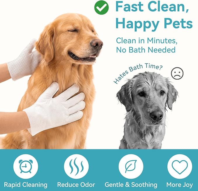 Pet Glove Wipes Pro for Dogs Cats, Massage Dot No-Rinse Grooming Gloves, Deep Cleaning and Deodorizing Dog Wipes for Paws, Ears & Eyes, Removes Loose Fur, Coconut Scent, 12 Count