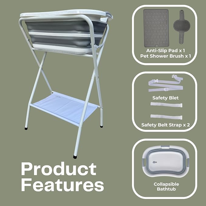 Collapsible Elevated Pet Bathtub, Foldable Washing Station for Small to Medium Dogs and Cats, Portable Pet Shower and Grooming Stand for Indoor and Outdoor Use