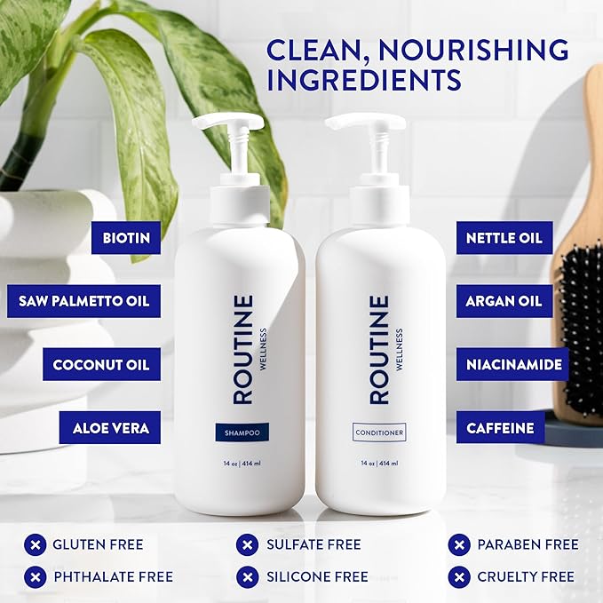 Routine Wellness Shampoo & Conditioner Set - Citrus & Grapefruit Blossom | Clinically tested shampoo for thinning hair with biotin, pea peptides, saw palmetto oil, color safe, sulfate free