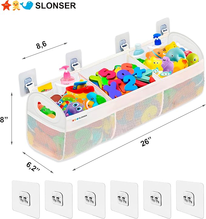 Bath Toy Storage for Bathtub – Large Bath Toy Holder & Bath Toy Net, Kids Bathtub Toy Storage Bag Organizer with 6 Strong Adhesive Hooks, Quick-Dry Mesh Bathroom Toy Holder Basket for Tub & Shower