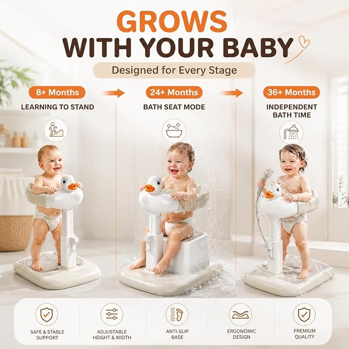 Baby Bath Stand with Built-in Seat - Duck Design - Anti-Slip Base - Baby Shower Stand for Sitting or Standing (Gray)