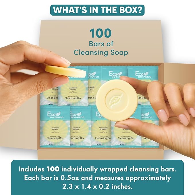 Eco Botanics Travel Size Cleansing Soap Bar 100 Count 0.5 oz Guest Amenities for Hotels Vacation & Short Term Paraben Free Chamomile Scent with Aloe & Olive Oil