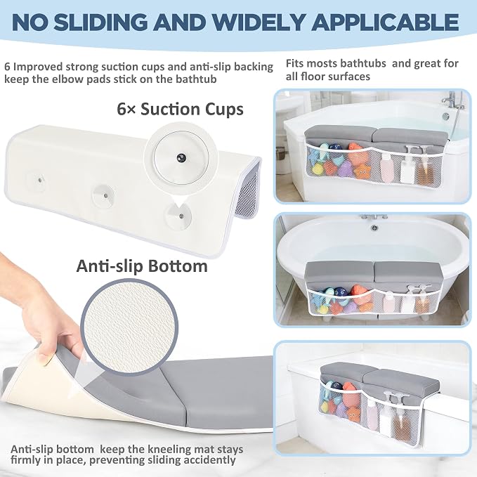 beiens Bath Kneeler and Elbow Rest Pad Set - 1.5'' Comfortable Baby Bath Kneeler Pads, Thick Quick Dry Kneeling Pad Support for Knee& Arm, Large Bathtub Mat with Toy Organizer for Happy Baby Bath Time