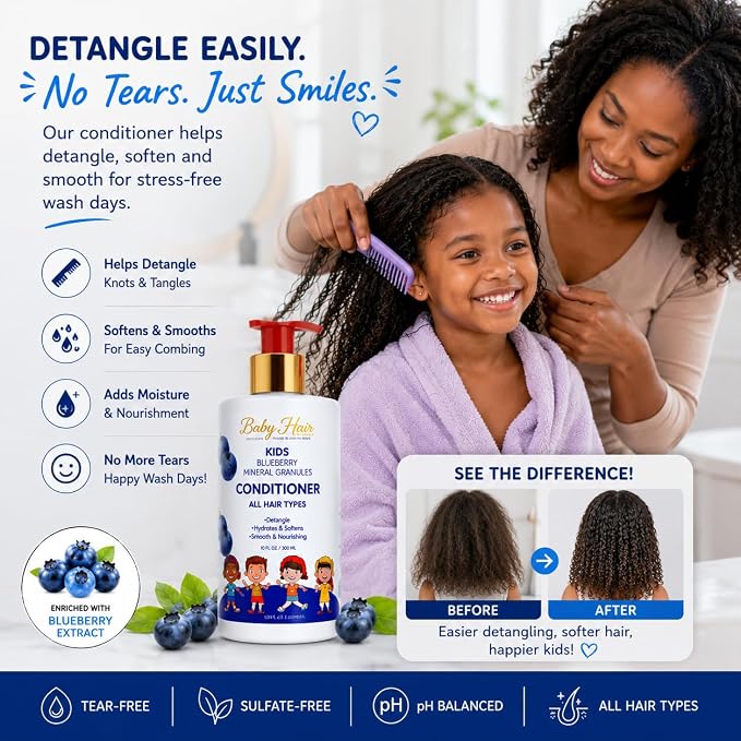 BABY HAIR - Blueberry Mineral Kids Hair Conditioner, Sulfate-Free Toddler Hair Conditioner, Hair Conditioner for Kids with Blueberry & Strawberry Oil, Aloe Vera, and Biotin, 10 fl.oz