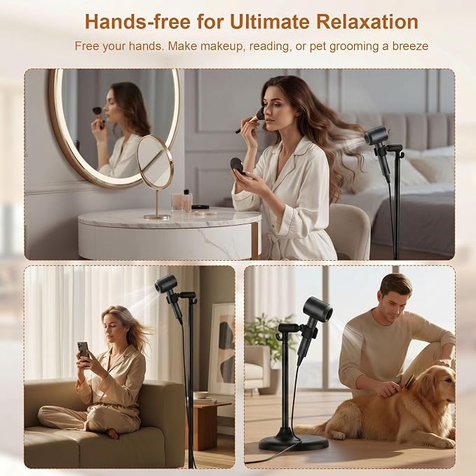Mistriddle Hands Free Hair Dryer Holder Floor Stand, Adjustable Height (17.2"-51"), Universal Clip with TPU Protection & Organizer Hook, Stable Aluminum Base Blow Dryer Stand Hands Free(Black)