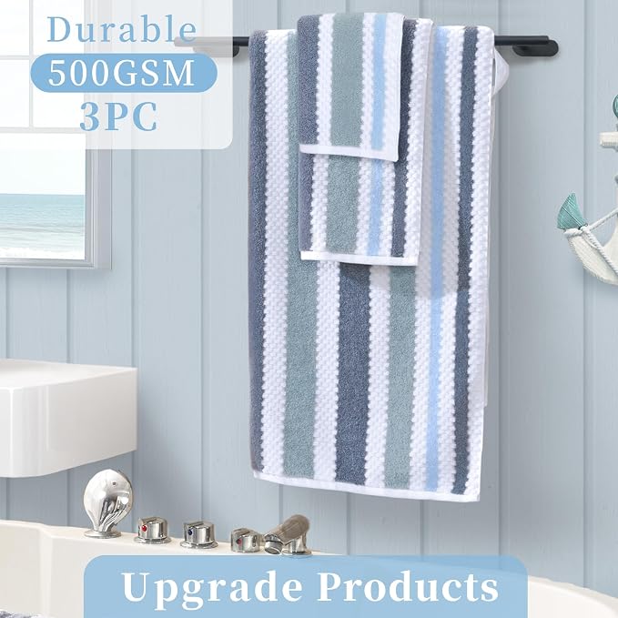 Waffle Towels for Bathroom-Quick Dry | Thick | Lightweight | 540GSM,Large Bath 30"x56", Hand 16"x27",Wash Cloths 13"x13",Cotton Polyester Blend Towels with Hanging Loops,Blue Gray Stripe and White