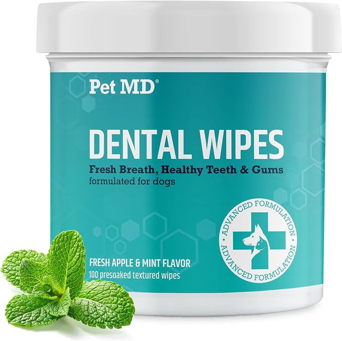 Pet MD Dental Wipes for Dogs Teeth - Fresh Apple & Mint Flavor - 100ct | Dog Teeth Cleaning Wipes to Remove Plaque and Tartar - Promotes Healthy Gums & Fresh Breath for Overall Oral Hygiene