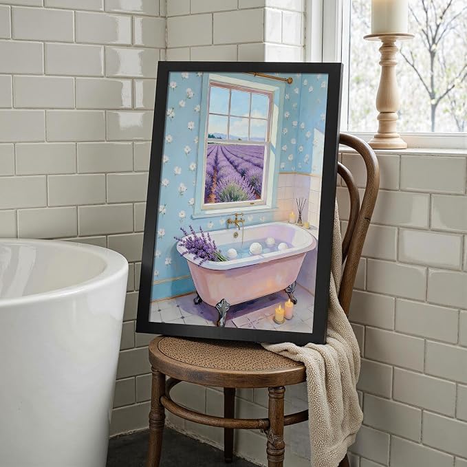 Lavender Field Bathroom Wall Art Serene Pink Clawfoot Tub Poster Floral Farmhouse Spa Oil Painting Print Aesthetic Wall Decor for Powder Room Apartment 16X24 in Black Framed