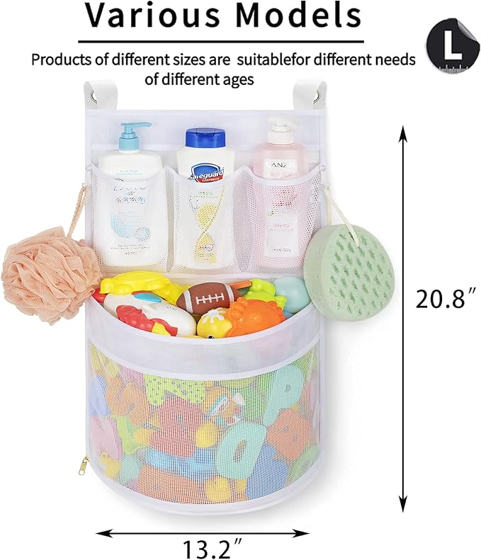 Ligereza Baby Bath Toy Organizer, quick drying， and mould proof, Multiple-Suspension Bath Toy Holder, Large Capacity Multi Use Bathtub Toy Storage Bag（1 Large, White）
