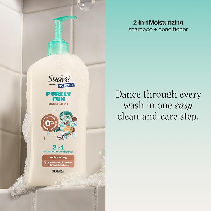 Suave Kids Purely Fun 2 in 1 Shampoo and Conditioner with Coconut Oil, Tear-Free, Hypoallergenic, Gentle Hair Care for Sensitive Scalps, Kids Shampoo & Conditioner, 6 Count, 18 fl oz