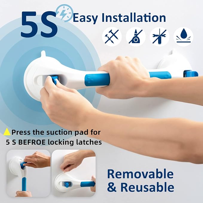 TAILI Shower Grab Bar Suction Grab Bars for Bathtubs and Showers, Heavy Duty Bath Handle Removable Bath Handrails for Seniors and Elderly, Bathroom Safety Grip No Drilling Waterproof,Blue,G9