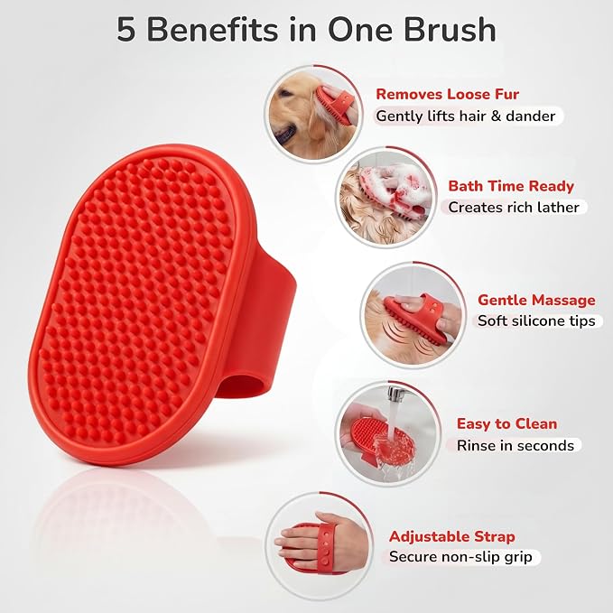 Pets&Goods Rubber Pet Grooming Brush for Dogs & Cats – Bath & Deshedding Brush with Custom-Fit Hand Straps – Soft Silicone Bristles for Short & Medium Hair – Anti-Slip, Easy to Clean