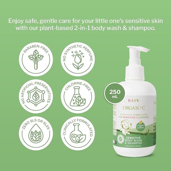 Organyc Baby Shampoo & Body Wash with Skin-Nurturing Cotton Seed Oil, Gentle Kids Body Wash, Naturally Formulated Baby Essentials, 8.5 fl oz